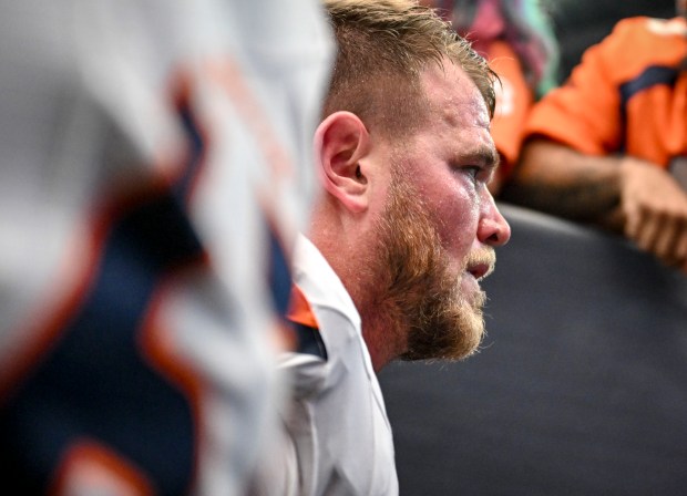 Mike McGlinchey (69) of the Denver Broncos heads to the locker room after warming up before the game against the Houston Texans at NRG Stadium in Houston, Texas on Sunday, Nov. 2, 2025. (Photo by AAron Ontiveroz/The Denver Post)