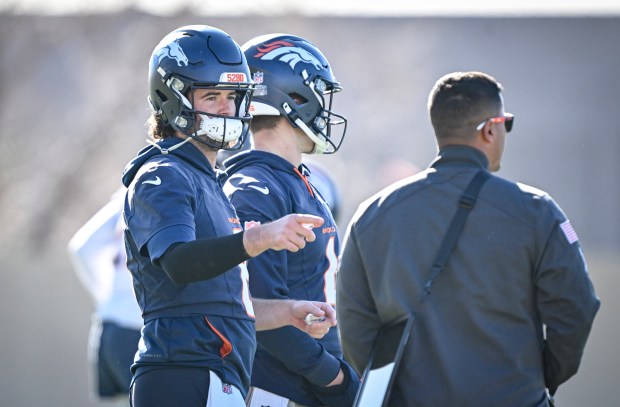 Jarrett Stidham (8) of the Denver Broncos prepares to work out during practice at the Broncos Park in Centennial on Thursday. (Photo by AAron Ontiveroz/The Denver Post)
