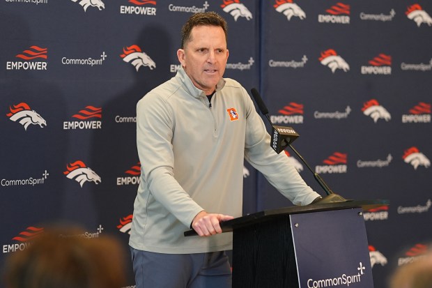 Denver Broncos general manager George Paton responds to question during a season-ending news conference Tuesday, Jan. 27, 2026, at the NFL football team's headquarters in Centennial, Colo. (AP Photo/David Zalubowski)
