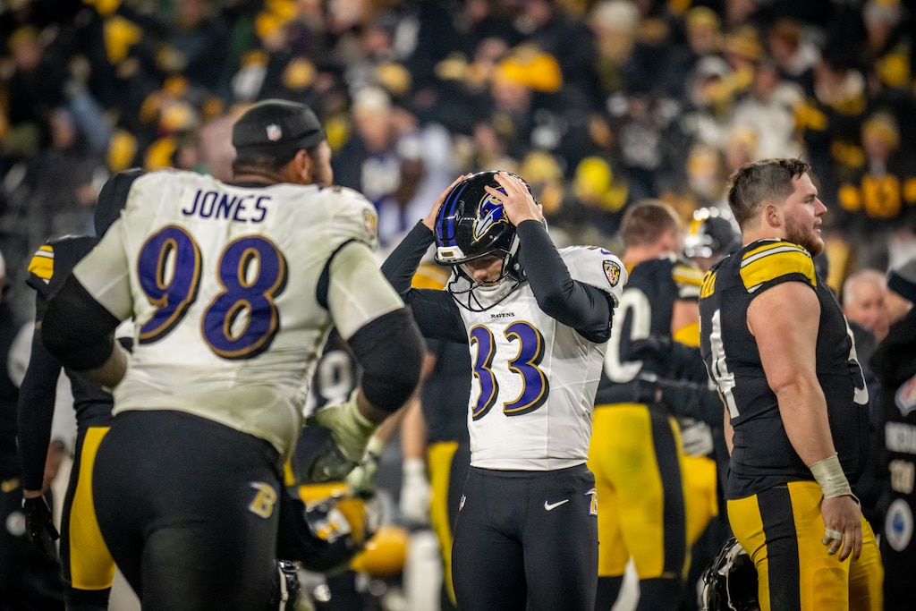 Baltimore Ravens place kicker Tyler Loop (33) reacts after missing what would have been the game winning field goal. The Steelers defeated the Ravens 26-24 at Acrisure Stadium in Pittsburgh.