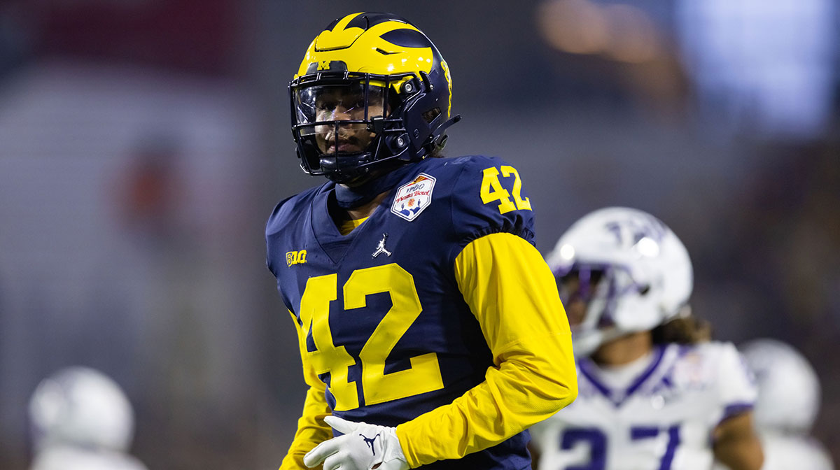 Michigan Wolverines edge TJ Guy (42) against the TCU Horned Frogs during the 2022 Fiesta Bowl at State Farm Stadium.