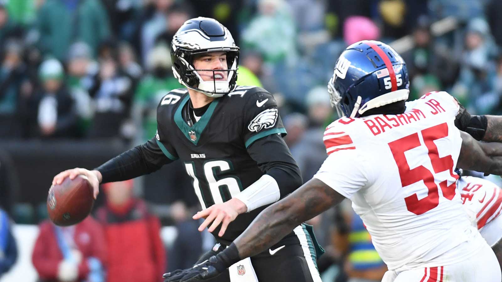 Philadelphia Eagles quarterback Tanner McKee (16) throws a pass during the fourth quarter against the New York Giants at Lincoln Financial Field.