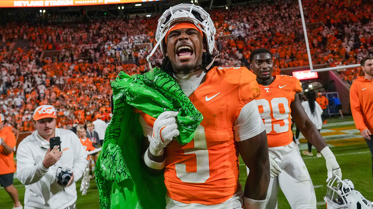 Tennessee defensive back Jermod McCoy (3) yells while carrying a deflated gator after defeating Florida during a NCAA football game between Tennessee and Florida in Neyland Stadium, in Knoxville, Tenn., Oct. 12, 2024.