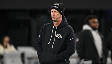 Baltimore Ravens offensive coordinator Todd Monken looks on during pre-game warm-ups before an NFL football game against the New England Patriots, Sunday, Dec. 21, 2025, in Baltimore.