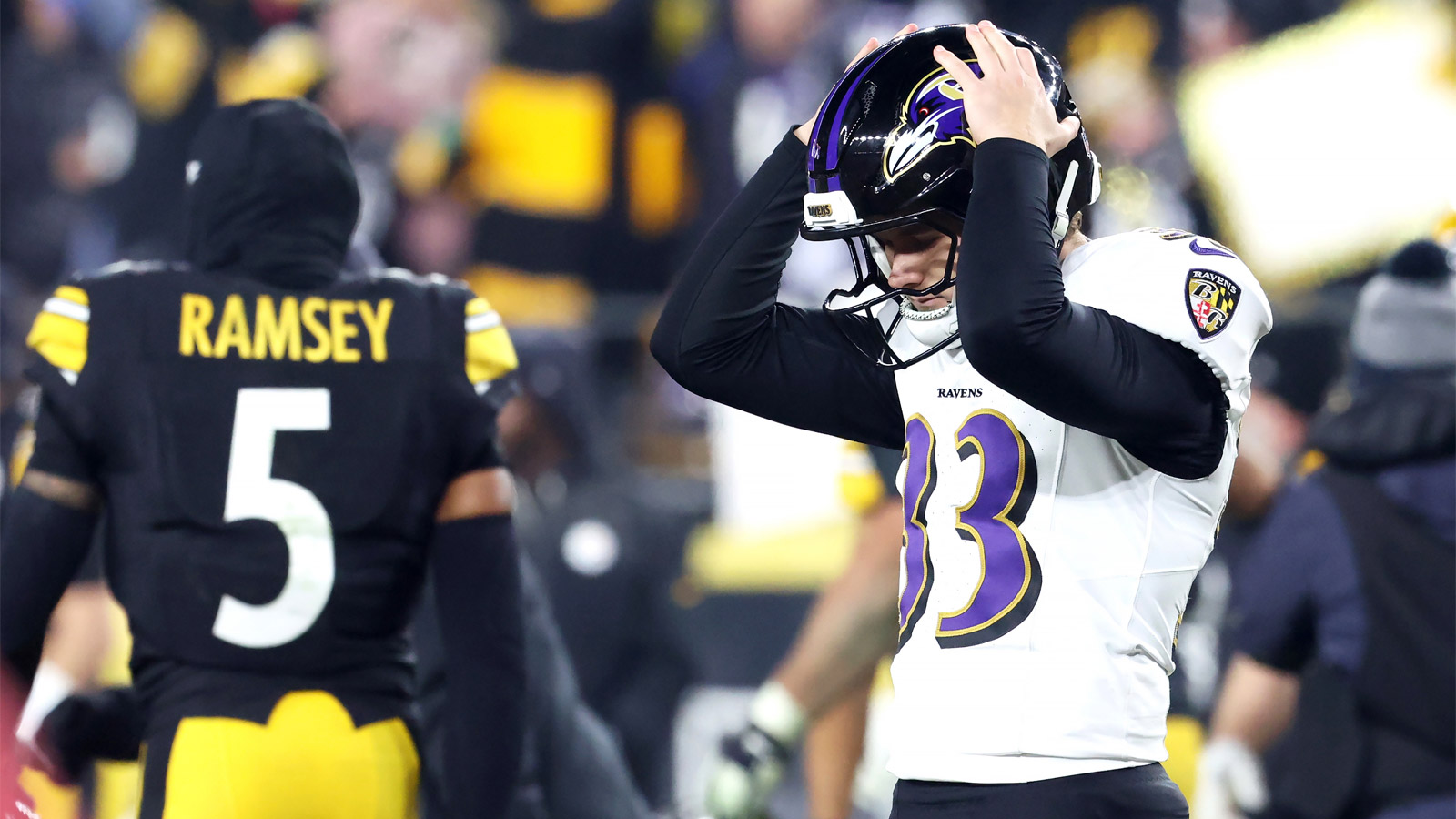 Baltimore Ravens place kicker Tyler Loop (33) reacts after missing the game winning field goal against the Pittsburgh Steelers during the second half at Acrisure Stadium.