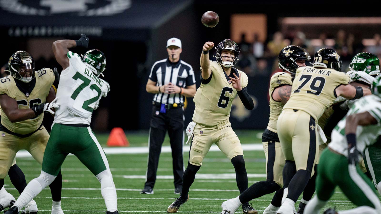 New Orleans Saints quarterback Tyler Shough (6) throws against the New York Jets during the third quarter at Caesars Superdome.