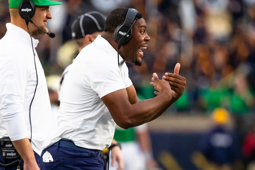 Notre Dame defensive backs coach Mike Mickens during the second half of a game against Louisville on Sept. 28, 2024.