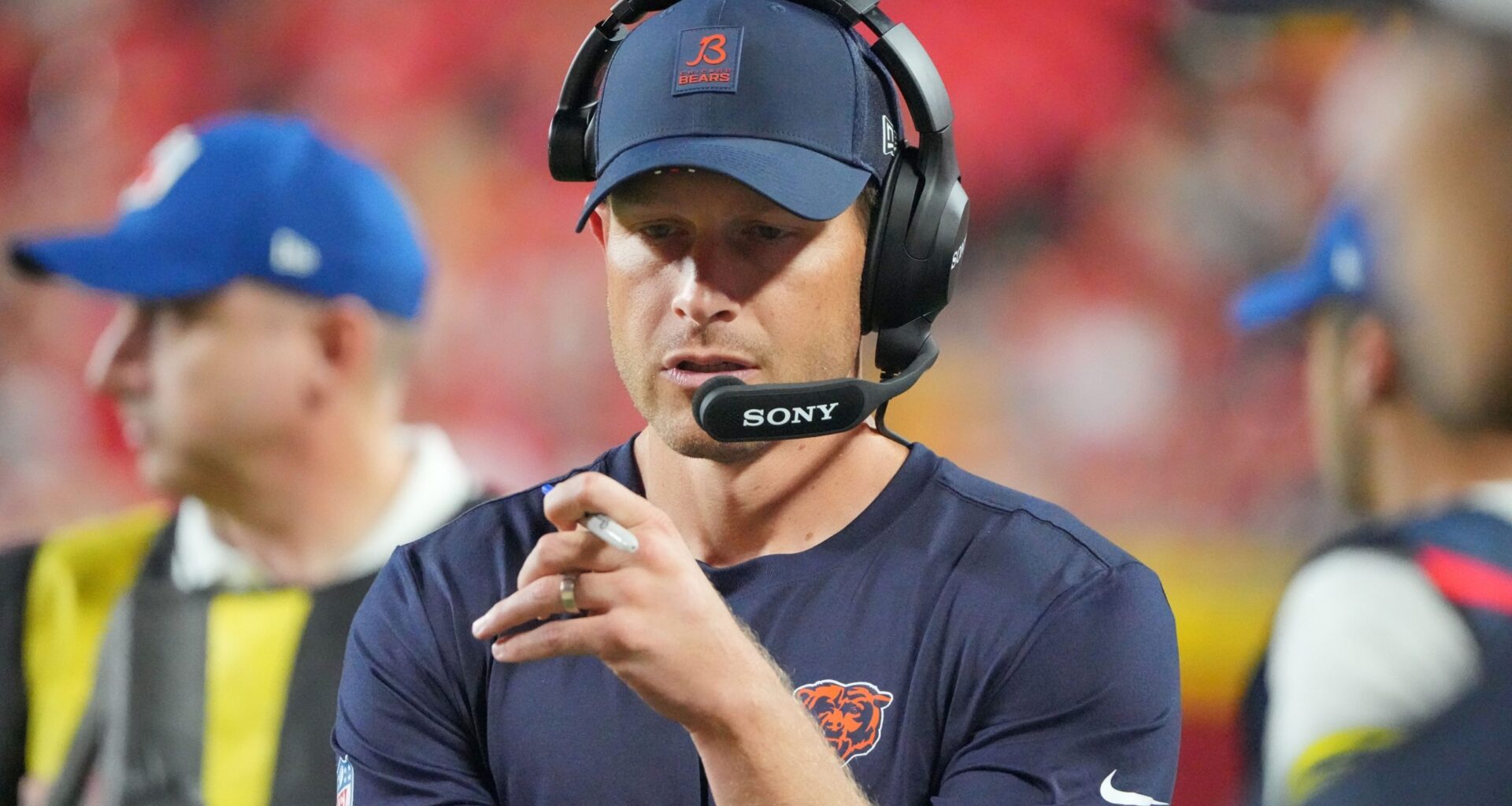 Chicago Bears head coach Ben Johnson on field against the Kansas City Chiefs during the second half of the game at GEHA Field at Arrowhead Stadium.