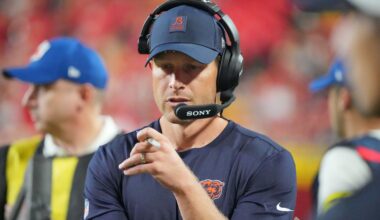 Chicago Bears head coach Ben Johnson on field against the Kansas City Chiefs during the second half of the game at GEHA Field at Arrowhead Stadium.