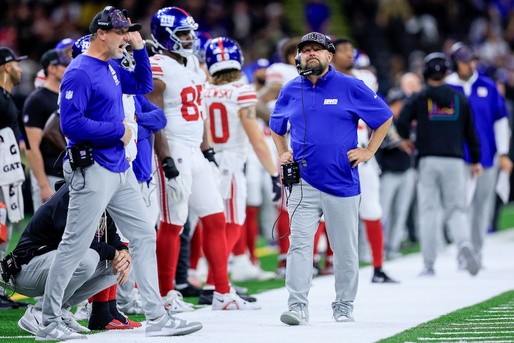 NEW ORLEANS, LOUISIANA - OCTOBER 05: Head coach Brian Daboll of the New York Giants reacts on the sideline during the fourth quarter against the New Orleans Saints in the game at Caesars Superdome on October 05, 2025 in New Orleans, Louisiana.