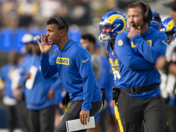 Los Angeles Rams offensive assistant Nate Scheelhaase gives instructions to his players during an NFL football game against the Las Vegas Raiders, Sunday, Oct. 20, 2024, in Inglewood, Calif. 
