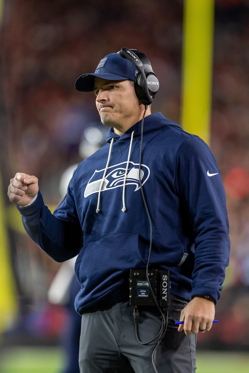 Seattle Seahawks head cosec Mike MacDonald coaches against the San Francisco 49ers in an NFL...
