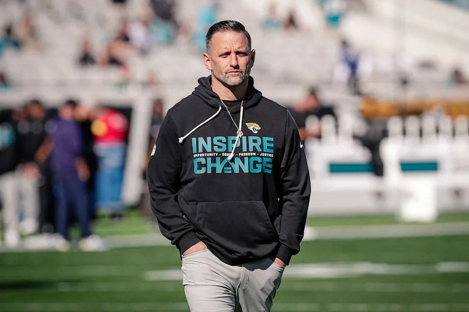 Dec 14, 2025; Jacksonville, Florida, USA;Jacksonville Jaguars defensive coordinator Anthony Campanile stands on the field during pregame warmups against the New York Jets at EverBank Stadium. Mandatory Credit: Travis Register-Imagn Images