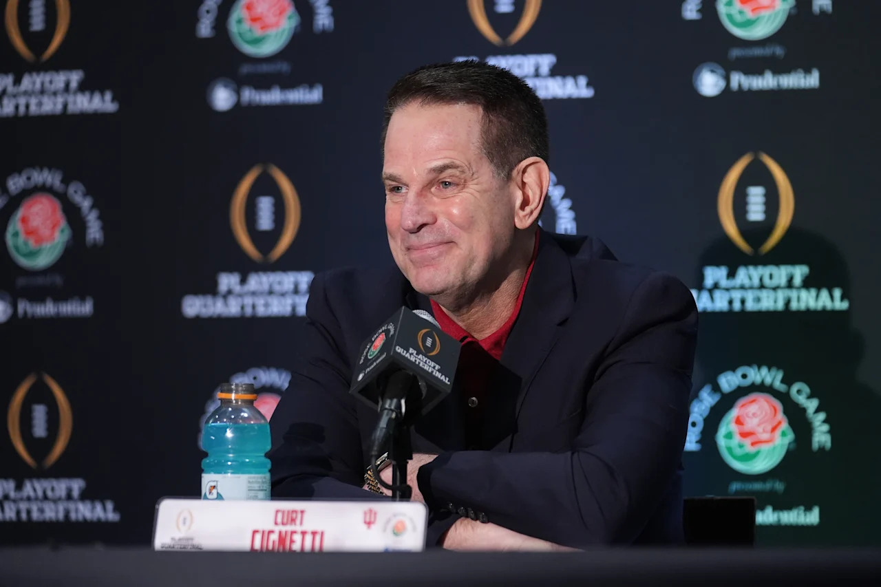 Indiana head coach Curt Cignetti answers questions during a press conference ahead of Thursday's Rose Bowl College Football Playoff against Alabama Tuesday, Dec. 30, 2025, in Los Angeles. (AP Photo/Marcio Jose Sanchez)