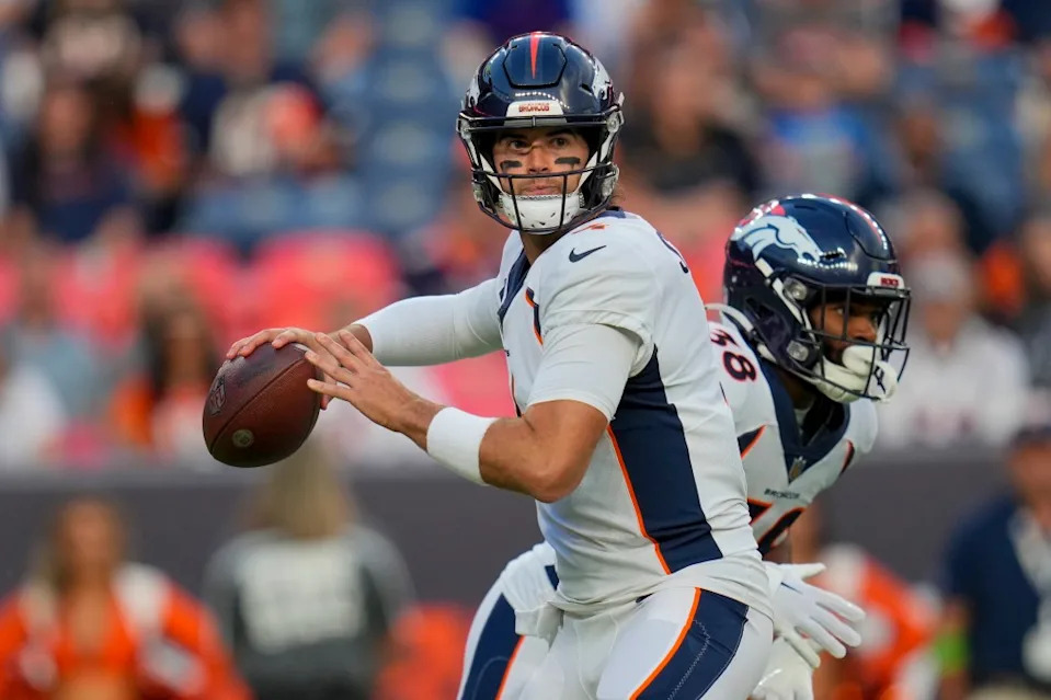 Denver Broncos quarterback Jarrett Stidham looks to pass against the Los Angeles Rams before an NFL preseason football game Saturday, Aug. 26, 2023, in Denver. AP
