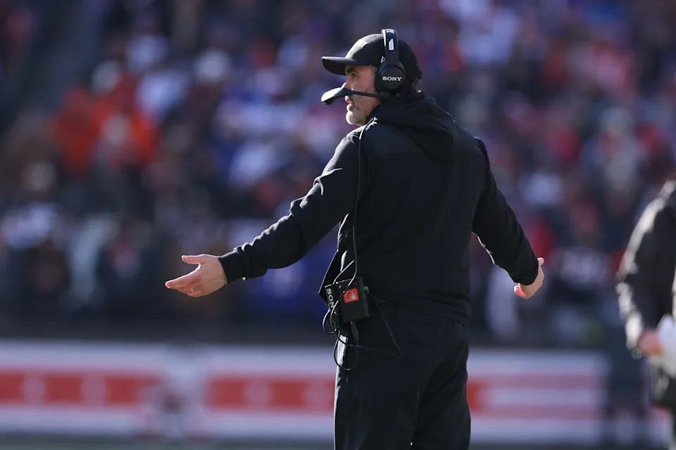 Dec 21, 2025; Cleveland, Ohio, USA; Cleveland Browns head coach Kevin Stefanski reacts on the sidelines against the Buffalo Bills during the first half at Huntington Bank Field. Mandatory Credit: Scott Galvin-Imagn Images