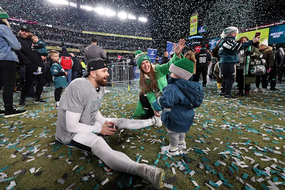 Philadelphia Eagles icker Jake Elliott celebrates after winning the NFC championship game against the Washington Commanders at Lincoln Financial Field.
