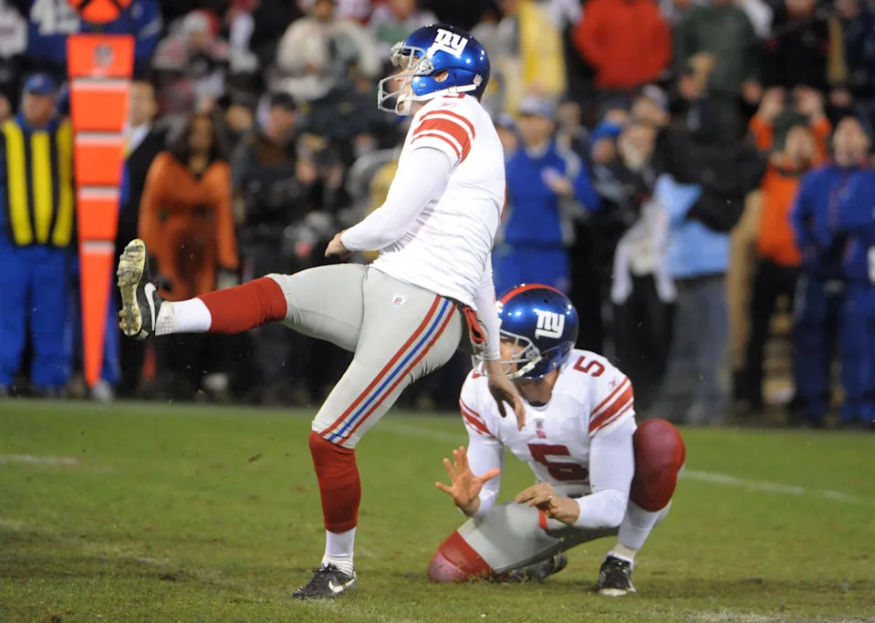 New York Giants' Lawrence Tynes kicks the winning field goal during overtime of the 2011 NFC championship game against the San Francisco 49ers at Candlestick Park.
