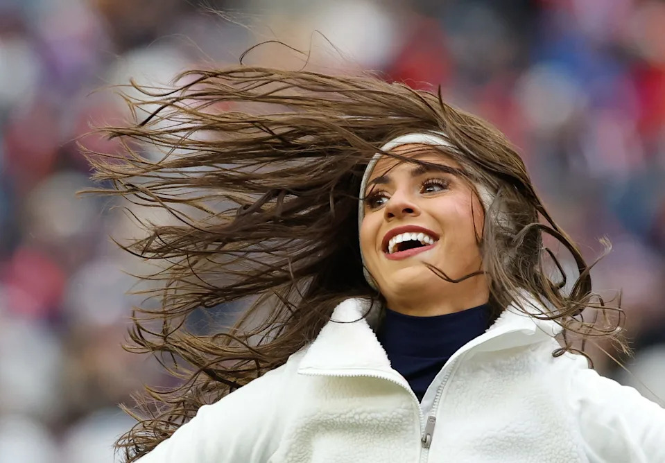 New England Patriots cheerleaders perform during a game.