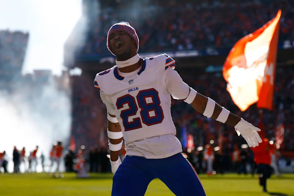 Sam Franklin Jr. of the Buffalo Bills takes the field prior to the AFC Divisional Playoff game against the Denver Broncos at Empower Field At Mile High on January 17, 2026 in Denver, Colorado.
