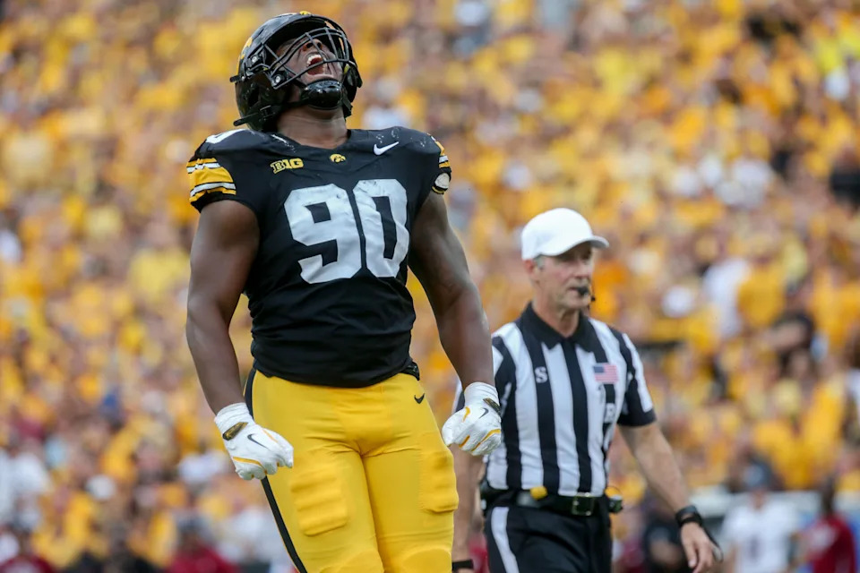 Iowaâ€™s Brian Allen (90) celebrates after a play against Troy Saturday, Sept. 14, 2024 at Kinnick Stadium in Iowa City, Iowa.