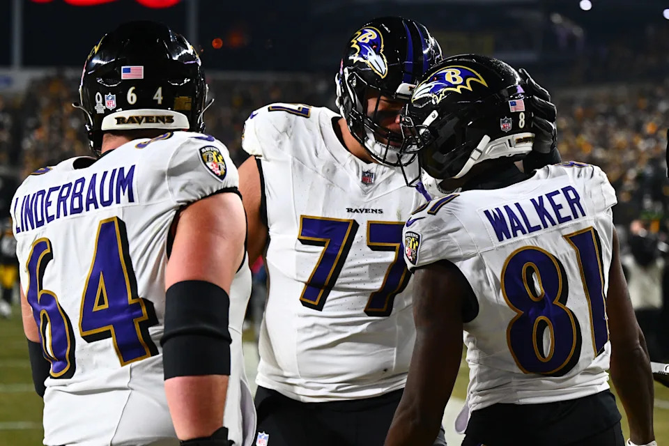 PITTSBURGH, PENNSYLVANIA - JANUARY 04: Devontez Walker #81 of the Baltimore Ravens celebrates a touchdown with Daniel Faalele #77 during the first quarter against the Pittsburgh Steelers at Acrisure Stadium on January 04, 2026 in Pittsburgh, Pennsylvania. (Photo by Joe Sargent/Getty Images)