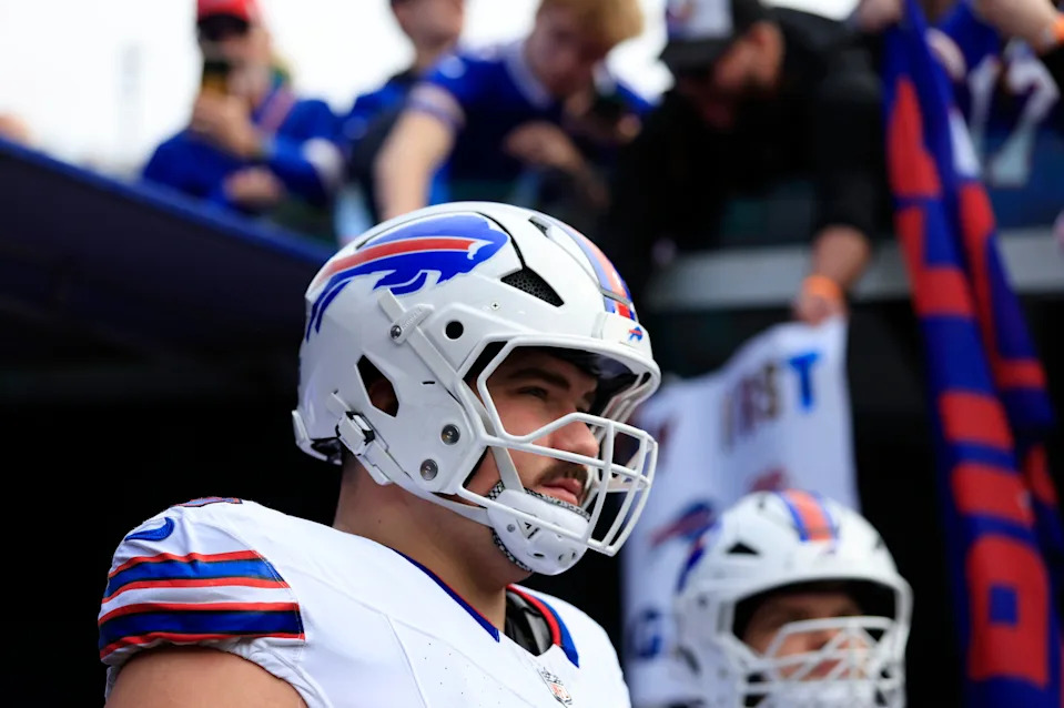 Buffalo Bills center Connor McGovern (66) looks on before an NFL football AFC Wild Card playoff matchup, Sunday, Jan. 11, 2026, in Jacksonville, Fla. The Bills defeated the Jaguars 27-24. [Corey Perrine/Florida Times-Union]
