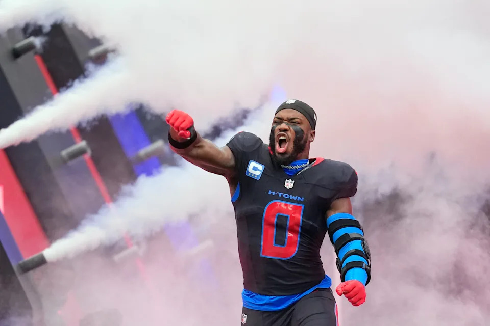 Houston Texans' Azeez Al-Shaair is introduce before an NFL football game against the Indianapolis Colts Sunday, Jan. 4, 2026, in Houston. (AP Photo/David J. Phillip)