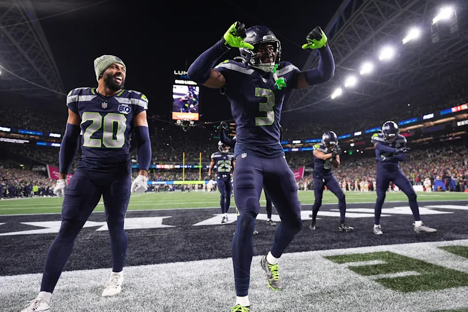 Seattle Seahawks safety Nick Emmanwori (3) reacts after recovering a fumble during the second half of an NFL football divisional playoff game against the San Francisco 49ers, Saturday, Jan. 17, 2026, in Seattle. (AP Photo/Lindsey Wasson)