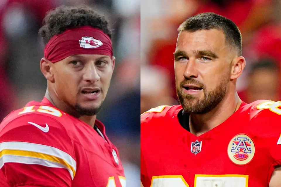 Kansas City Chiefs quarterback Patrick Mahomes (left) and Kansas City Chiefs tight end Travis Kelce (right).Denny Medley&comma; Jay Biggerstaff-Imagn Images