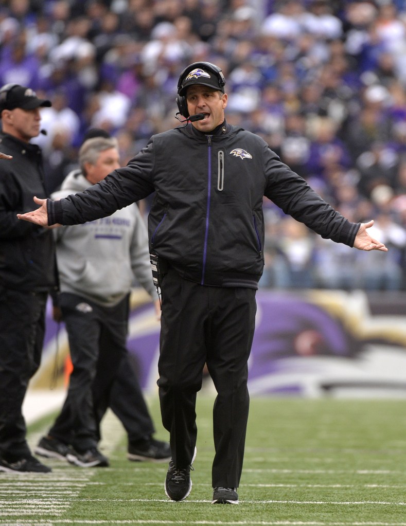 John Harbaugh reacts on the sidelines as the Ravens play the Denver Broncos in 2012.