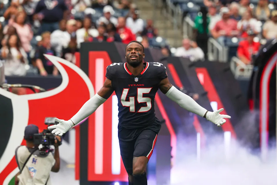 Nov 9, 2025; Houston, Texas, USA; Houston Texans linebacker E.J. Speed (45) takes the field prior to a game against the Jacksonville Jaguars at NRG Stadium. Mandatory Credit: Thomas Shea-Imagn Images