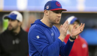 Buffalo Bills interim offensive coordinator Joe Brady looks on before an NFL football game against the Los Angeles Chargers, Dec. 23