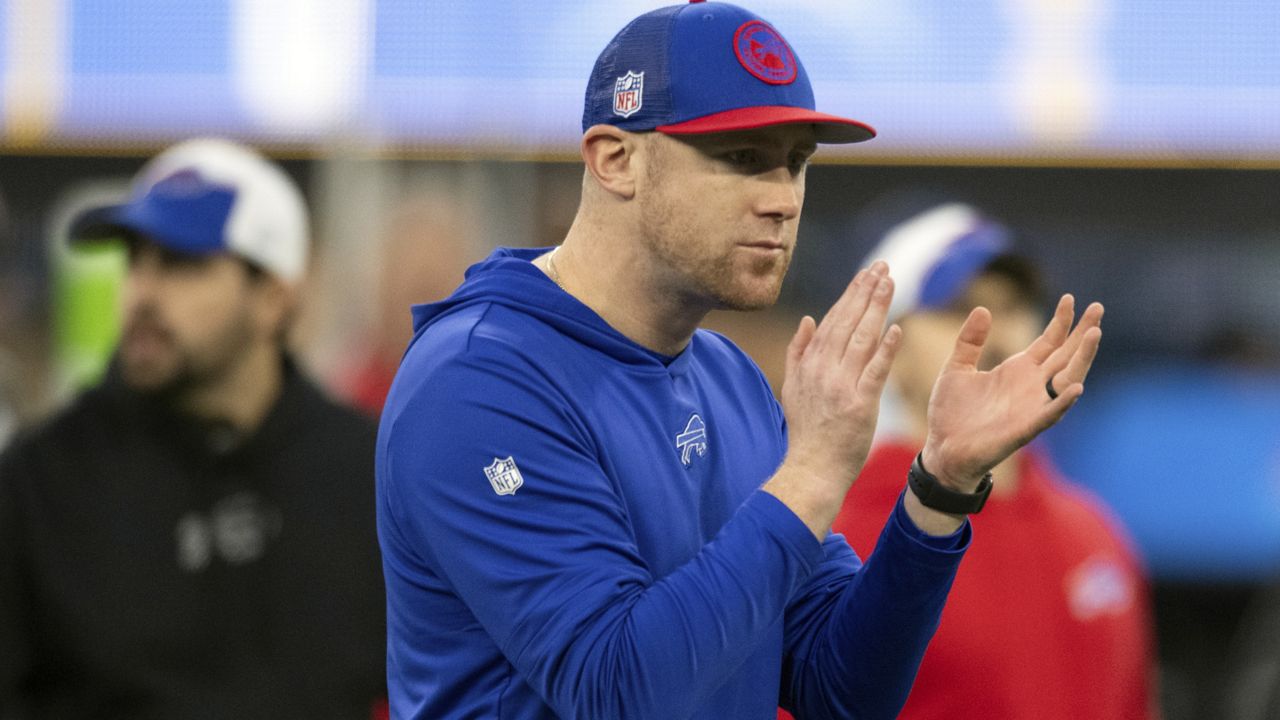 Buffalo Bills interim offensive coordinator Joe Brady looks on before an NFL football game against the Los Angeles Chargers, Dec. 23