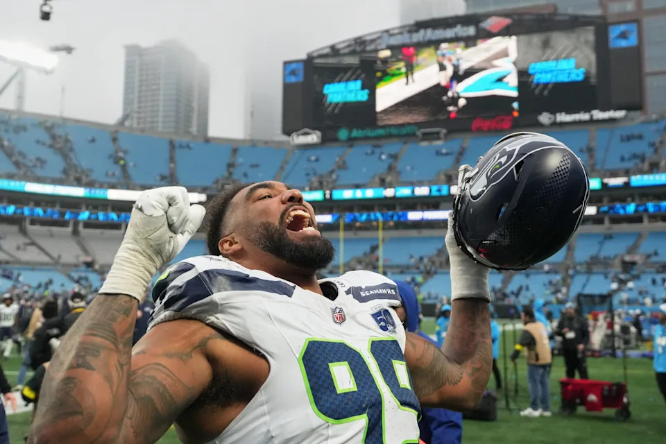 Seattle Seahawks defensive end Leonard Williams reacts on the field after the game against the Carolina Panthers.