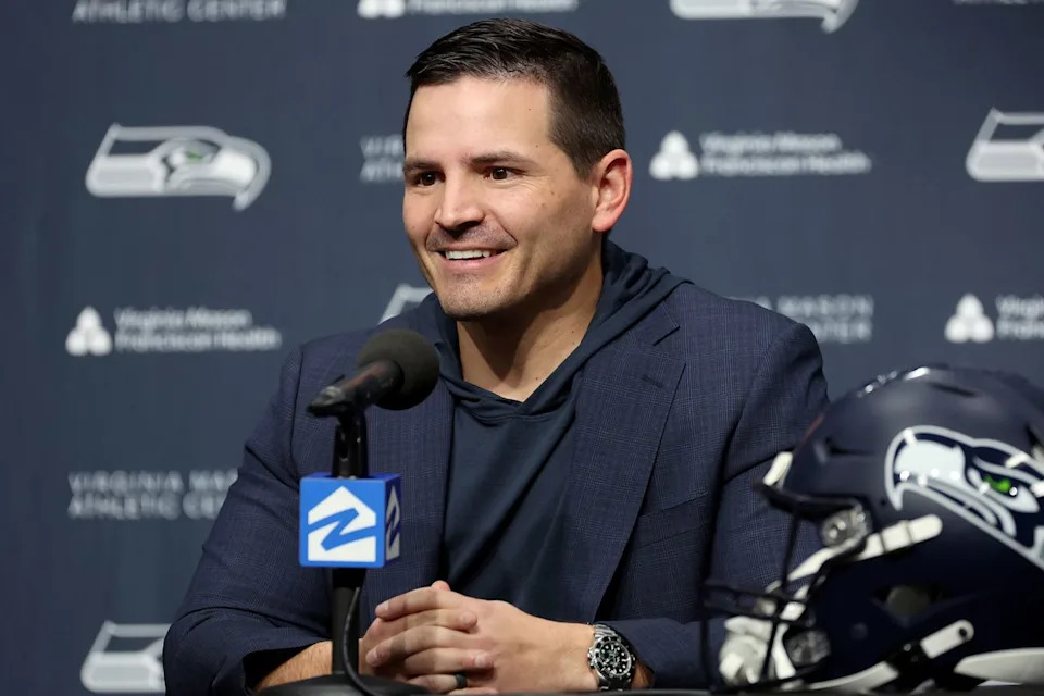 Steph Chambers/Getty Mike Macdonald speaks to the media on Feb. 1, 2024, in Renton, Wash.