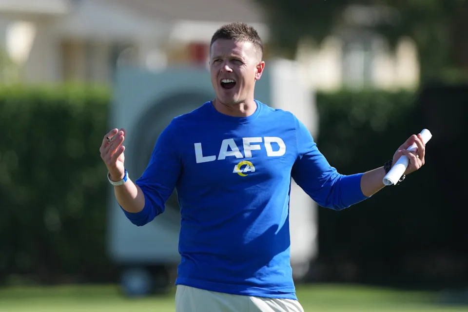 Jul 23, 2025; Los Angeles, CA, USA; Los Angeles Rams offensive coordinator Mike LaFleur during training camp at Loyola Marymount University. Mandatory Credit: Kirby Lee-Imagn Images