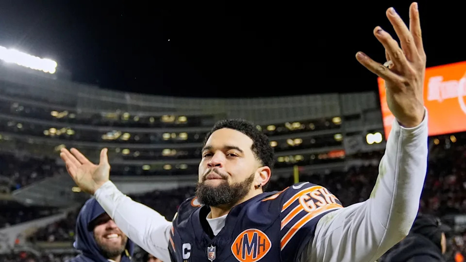 Chicago Bears' Caleb Williams celebrates after an NFL wild-card playoff football game against the Green Bay Packers Saturday, Jan. 10, 2026, in Chicago. (AP Photo/Erin Hooley)