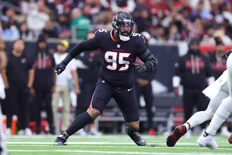 Dec 14, 2025; Houston, Texas, USA; Houston Texans defensive end Derek Barnett (95) in action during the game against the Arizona Cardinals at NRG Stadium. Mandatory Credit: Troy Taormina-Imagn Images