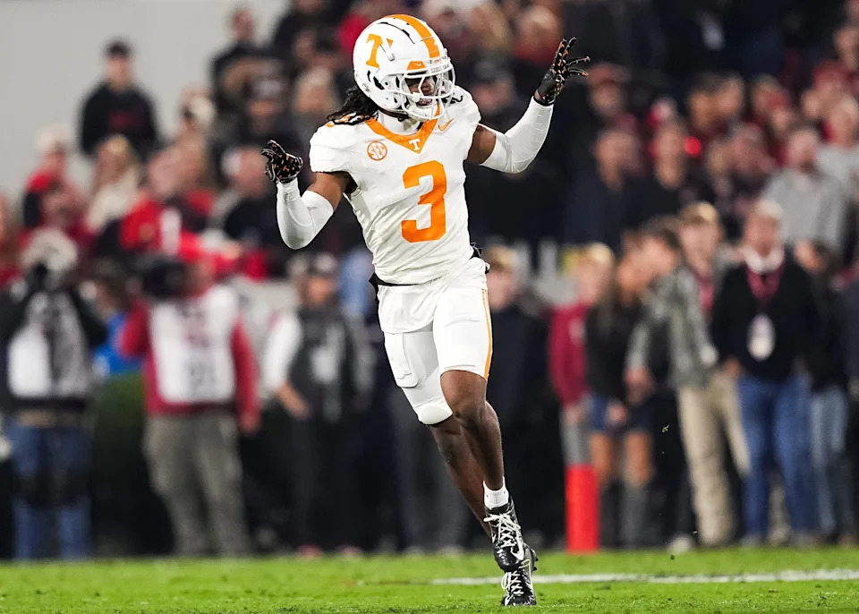 Tennessee defensive back Jermod McCoy celebrates after making a play during a game against Georgia at Sanford Stadium in Athens, Ga., on Saturday, Nov. 16, 2024.