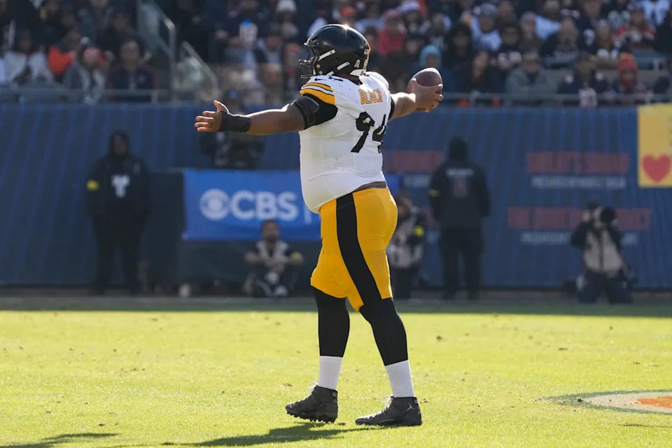 Nov 23, 2025; Chicago, Illinois, USA; Pittsburgh Steelers defensive end Yahya Black (94) reacts after a fumble recovery against the Chicago Bears during the first half at Soldier Field. Mandatory Credit: David Banks-Imagn Images