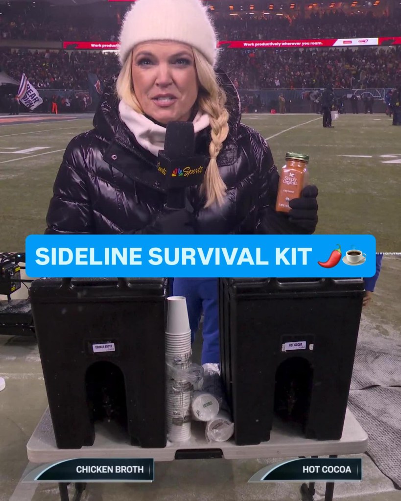 Sportscaster Mellisa Stark on a football field holding a bottle of cayenne pepper and presenting two beverage dispensers labeled "Chicken Broth" and "Hot Cocoa."