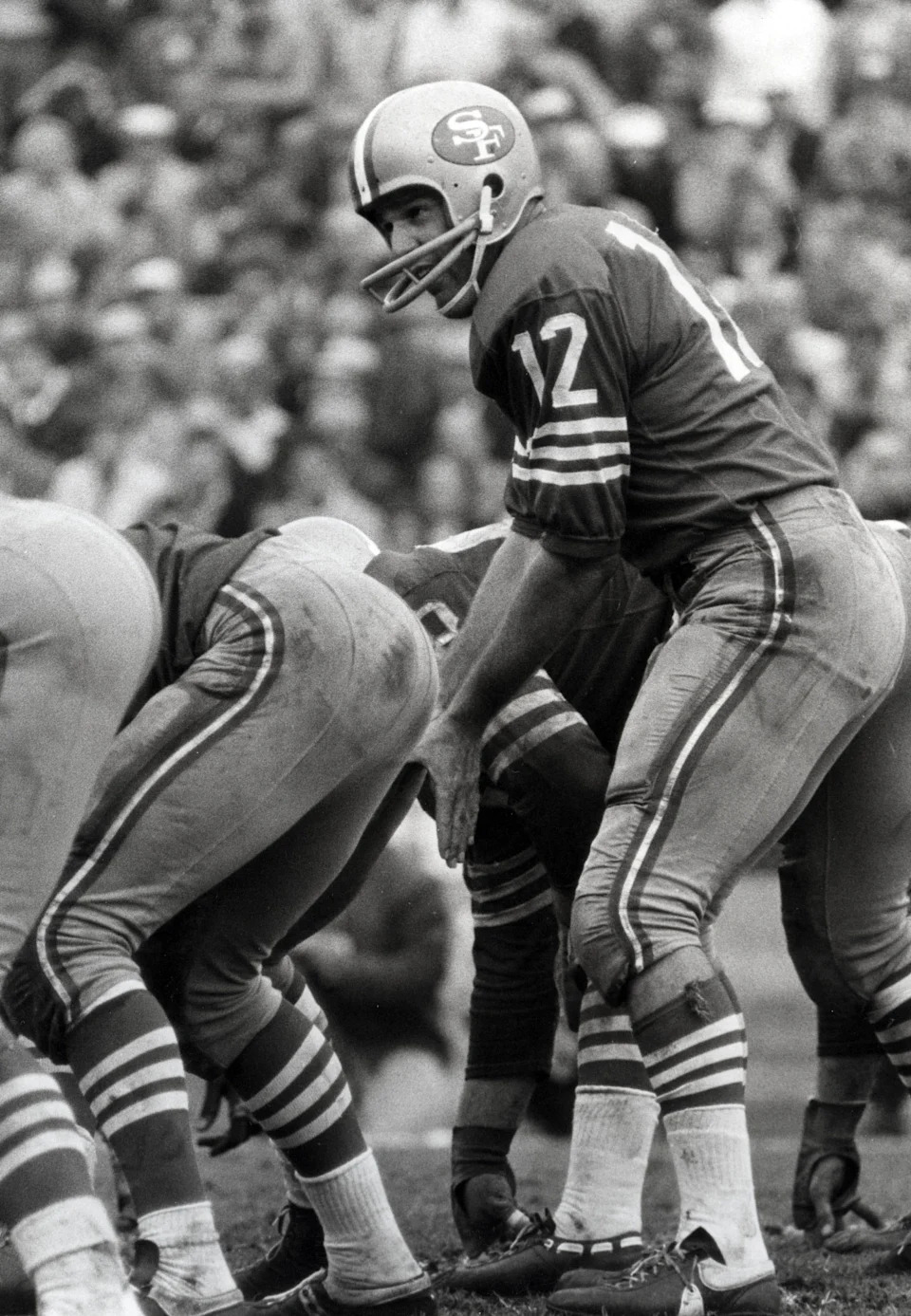 San Francisco 49ers quarterback John Brodie in action against the Los Angeles Rams at Kezar Stadium.