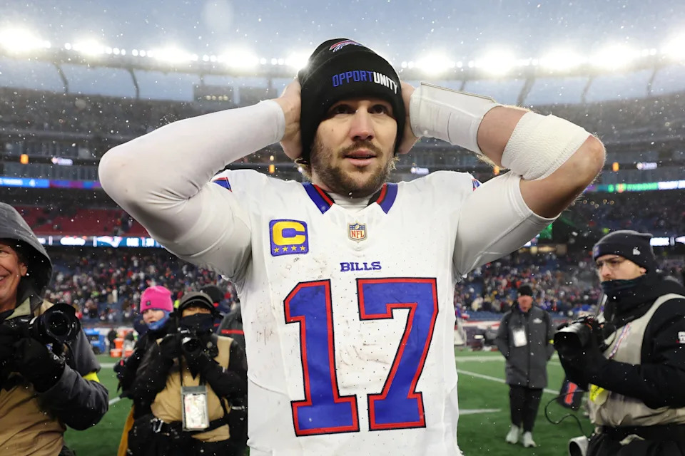 FOXBOROUGH, MASSACHUSETTS - DECEMBER 14: Josh Allen #17 of the Buffalo Bills in action against the New England Patriots at Gillette Stadium on December 14, 2025 in Foxborough, Massachusetts. (Photo by Sarah Stier/Getty Images)