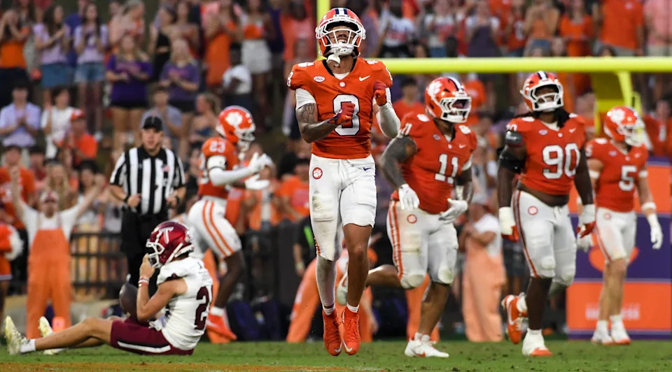 Clemson Tigers cornerback Avieon Terrell (8) celebrates after stopping a fake punt attempt by Troy Trojans Saturday, Sept. 6, 2025 during the NCAA football game at Memorial Stadium in Clemson, South Carolina.