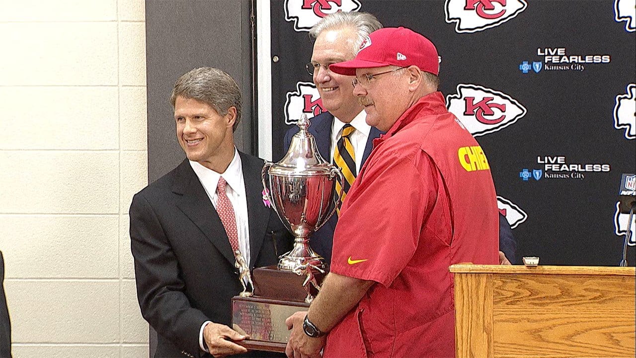 Missouri Governor Jay Nixon presents Chiefs Chairman/CEO Clark Hunt and Head Coach Andy Reid with the Missouri Governor’s Cup following the Chiefs’ 34-7 victory over the Rams