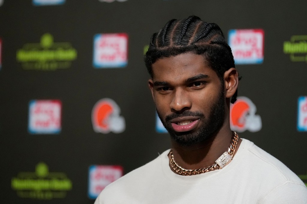 Cleveland Browns quarterback Shedeur Sanders at a news conference.