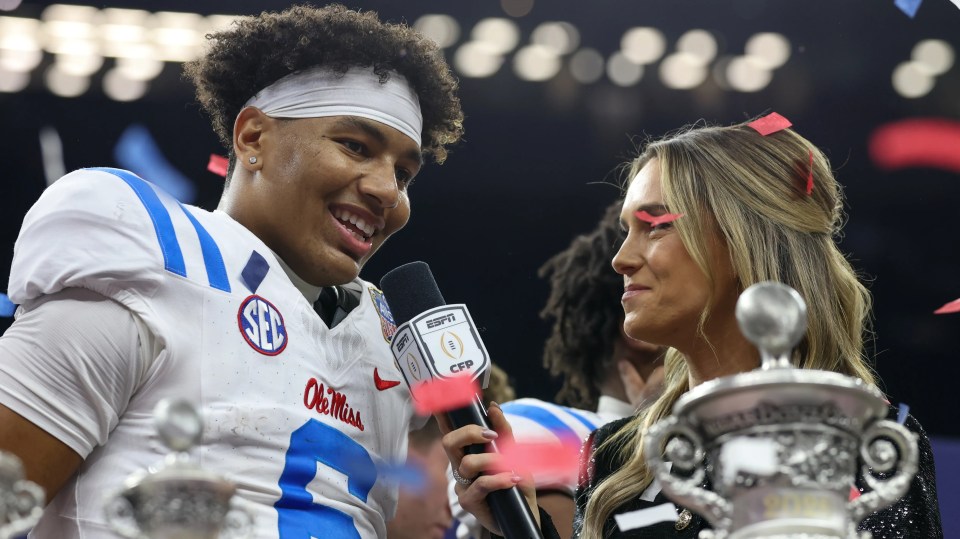 QB Trinidad Chambliss #6 of the Ole Miss Rebels is interviewed by Molly McGrath after winning the College Football Playoff Quarterfinal at the Allstate Sugar Bowl between Ole Miss Rebels and Georgia Bulldogs on January 1, 2026