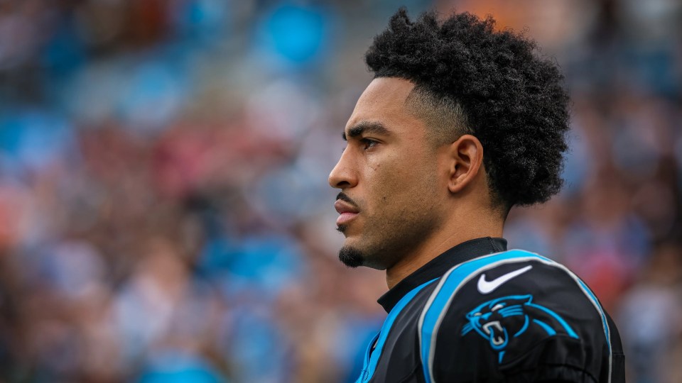 Bryce Young #9 of the Carolina Panthers looks on before an NFL game against the Tampa Bay Buccaneers at Bank of America Stadium