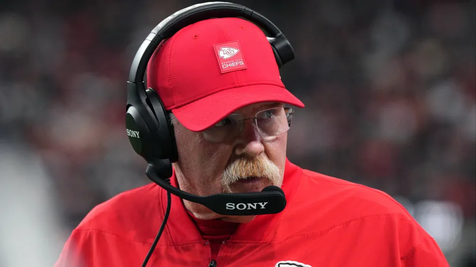 Head coach Andy Reid of the Kansas City Chiefs looks on during the second quarter of the game against the Las Vegas Raiders at Allegiant Stadium on January 04, 2026